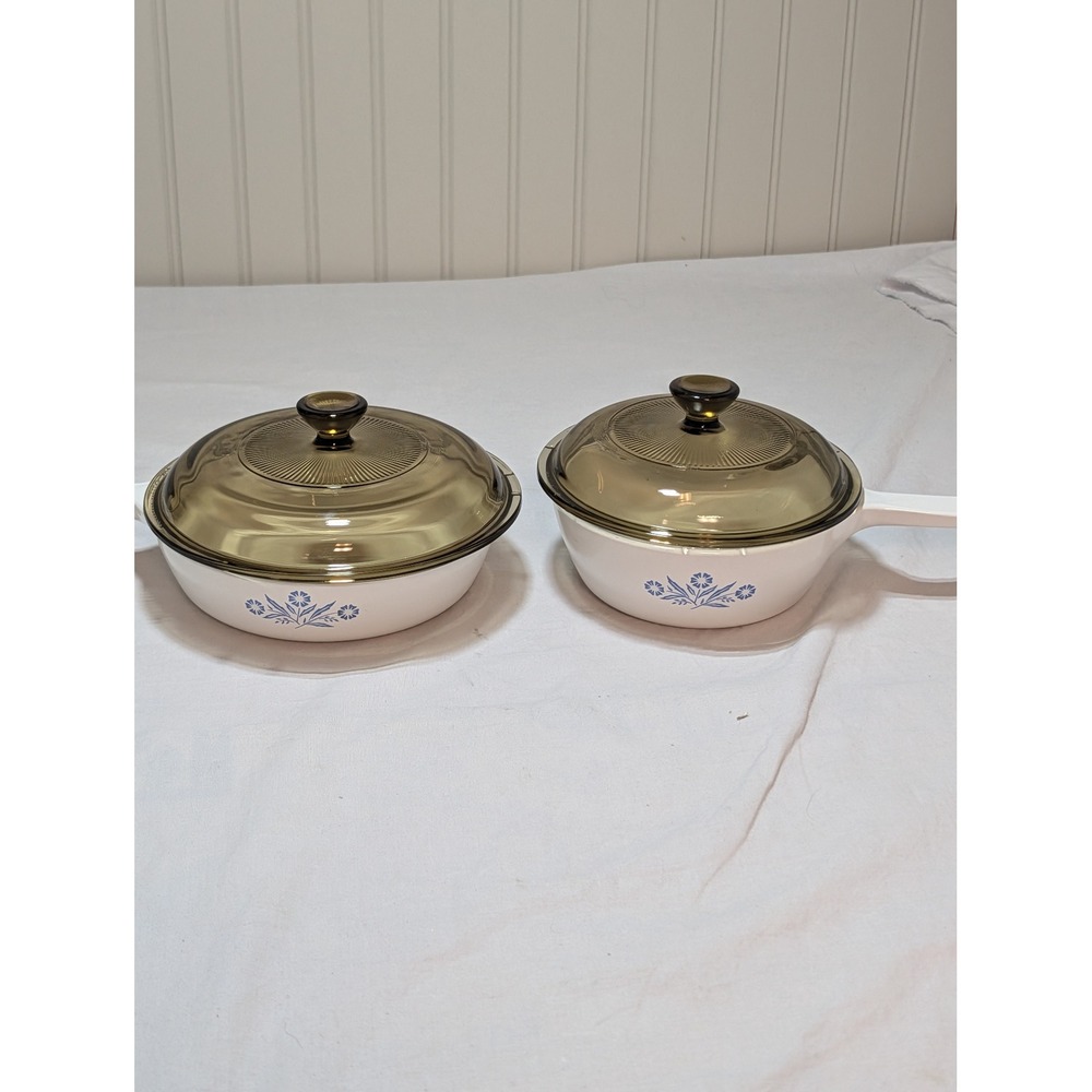 Vintage Corning Ware Cornflower Blue Skillet Saucepan Set with Amber Lids 2pc